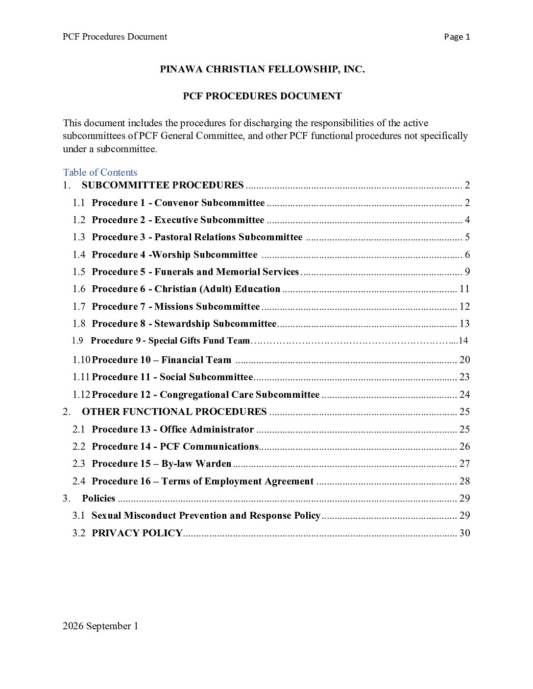 PCF Procedures Document 2026 September 1